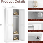 71" Metal Armoire Wardrobe Closet with 2 Doors, Tall Wardrobe Cabinet with Hanging Rod and Adjustable Shelves, White Clothing Storage Cabinets for Bedroom, Laundry Room, Home Office