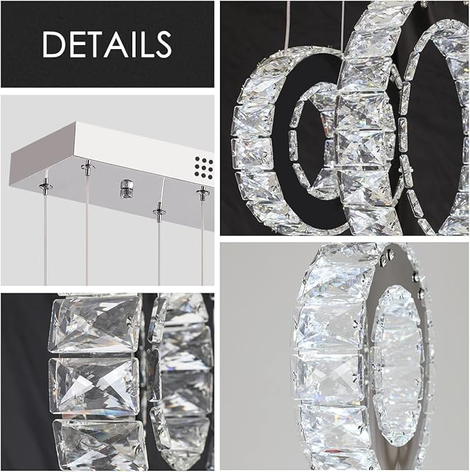 Buccleuch Modern Crystal Chandelier, Dimmable LED Ceiling Light Fixture 5-Ring Adjustable Stainless Steel Pendant Light, Silver Crystal Chandeliers for Dining Room, Bedroom, Living Room - Cool White