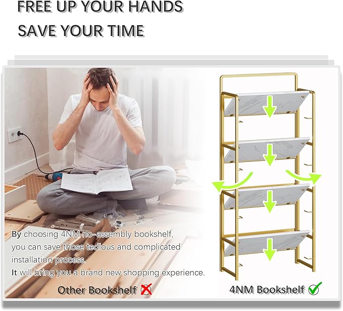 4NM No Assembly Foldable Bookshelf, 4-Shelf Collapsible Bookcase Storage for Small Spaces, 54" H, White and Golden