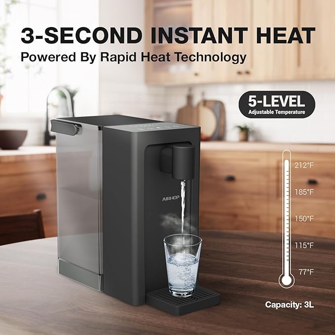 AIRHOP Instant Hot Water Dispenser, Quick Heating Countertop Water Dispenser with Child Locks, Adjustable 5 Temp 3 Water Volume Dispense, 100OZ 3L Removable Tank, Ideal for Home Office Kitchen, Black