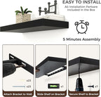 Floating Shelves - 2 Large Wall Mounted Shelves with Invisible Brackets, Long Wood Floating Wall Shelf for Living Room, Bedroom, Kitchen (Black, 48" W x 9" D x 1.5" H)