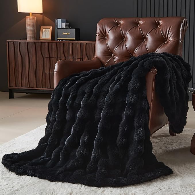 Lotus Karen Faux Fur Blanket - Black Twin Size, Big Bubble Rabbit Fluff, 60x80 Inches
