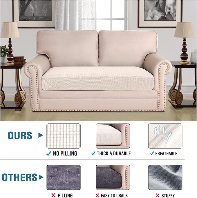 H.VERSAILTEX Super Stretch Individual Seat Cushion Covers Sofa Covers Couch Cushion Covers Slipcover Sets Thick Jacquard Textured Twill Fabric (1 Piece Loveseat Cushion Cover, Ivory)