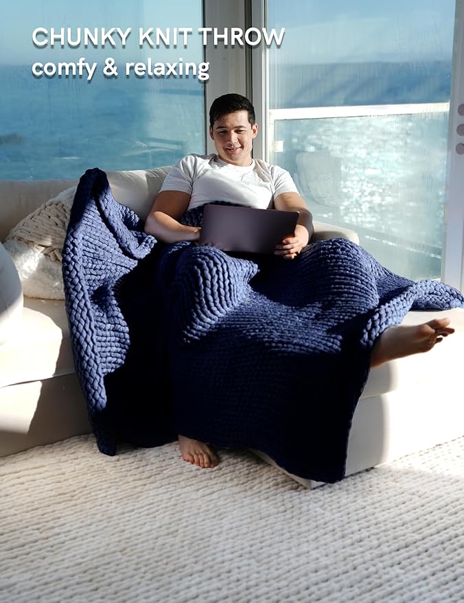 YnM Chunky Throw Blanket, Medium-Weight, Hand Knitted, Skin Friendly, Ventilated and Breathable, Machine Washable, Home Décor Piece for Couch, Sofa and Bed (Indigo Blue, 60x80 Inch)