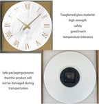 Round Marble Battery Wall Clock Modern 14 Inch White Minimalist Wall Clock for Kitchen Quartz Glass Slient Clock for Wall