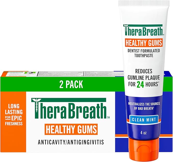 TheraBreath Healthy Gums Toothpaste, Fights Bad Breath for 12 Hours, with Stannous Fluoride for Anticavity & Gingivitis Protection, Clean Mint, 4 Oz, 2-Pack