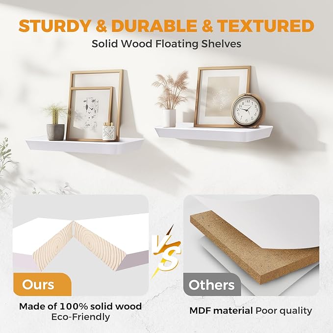 24"x6.8"x1.6" Slanted Floating Wall Shelves 2-Pack - Rustic White Finish, Heavy-Duty Solid Wood Design with Hidden Brackets - Perfect for Living Room, Kitchen, Bathroom, or Office