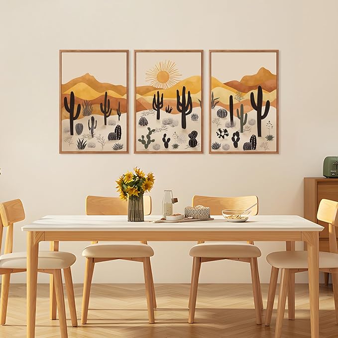 KAIRNE Cactus Canvas Wall Art,Desert Landscape Paintings,Aesthetic Abstract Prints Set of 3(16”X24”),Minimalist Farmhouse Wall Decor,Abstract Boho Artwork for Living Room Bedroom Office Decoration