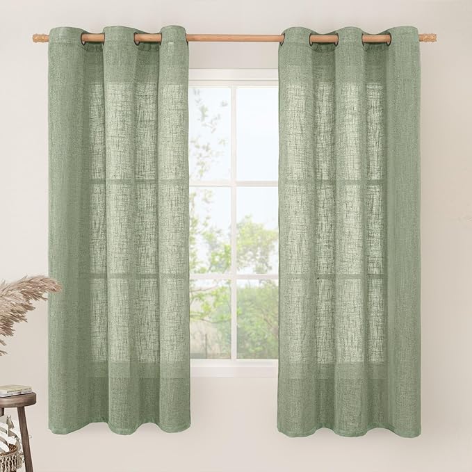 LAMIT Linen Blended Curtains 63 Inches Long, Soft Thick Linen Textured Light Filtering Drapes Bronze Gromment Small Window Drapes for Bedroom/Kitchen/Basement, 2 Panels, 34 x 63 Inch, Sage Green