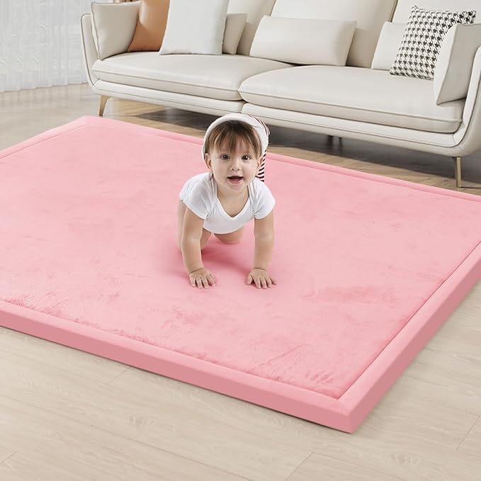 ACOMOPACK Baby Play Mat for Floor 1.3" Thick Memory Foam Play Mat 59"×71" Tummy Time Crawling with Non-Slip Bottom for Living Room,Nursery,Soft Velvet Playpen Mats for Kids,Infants（Pink）
