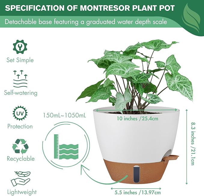 montresor 2 Pack 10 inch Plant Pots, PP Plastic Self Watering Plant Pot with Drainage and Tray for Indoor Outdoor Plants, Water Level Window & Reservoir Flower Pots Decorative Planter (White)