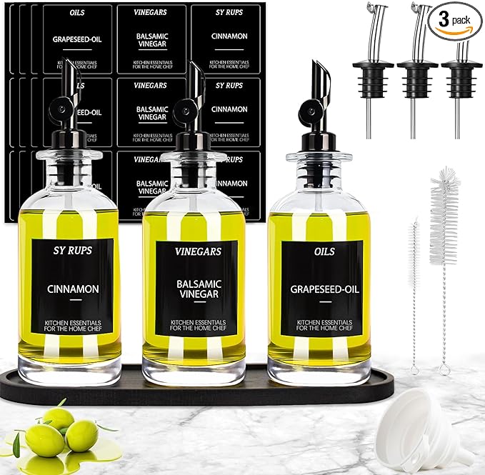 3PCS Olive Oil Dispenser Bottle For Kitchen, Soy Sauce Dispenser, Glass Oil and Vinegar Dispenser Set W. Wooden Tray & Labels & 3 Replacement Spouts, Coffee Syrup Dispenser