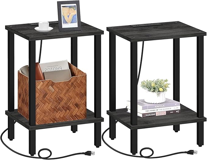 TUTOTAK End Table with Charging Station, Set of 2, Small Side Table, Nightstand Bedside Table, 2-Tier Storage Shelf for Small Space, Living Room, Bedroom Charcoal Grey TB01BY041