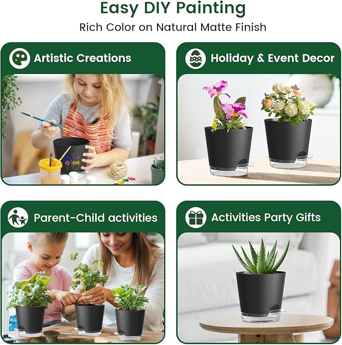 6 inch Self Watering Pots for Indoor Outdoor Plants, 6 Pack Flower Plant Pots with Drainage Holes and Clear Reservoirs, Visible Water Level, Plastic Planters with Wicking Rope, Black