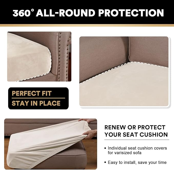 PrinceDeco Sectional Couch Cushion Covers 3 Pieces Velvet Separate Couch Cover Extra Large Stretch Sofa Slipcover Washable Furniture Protector for Sectional Sofa(Each Width Up to 40", Ivory)