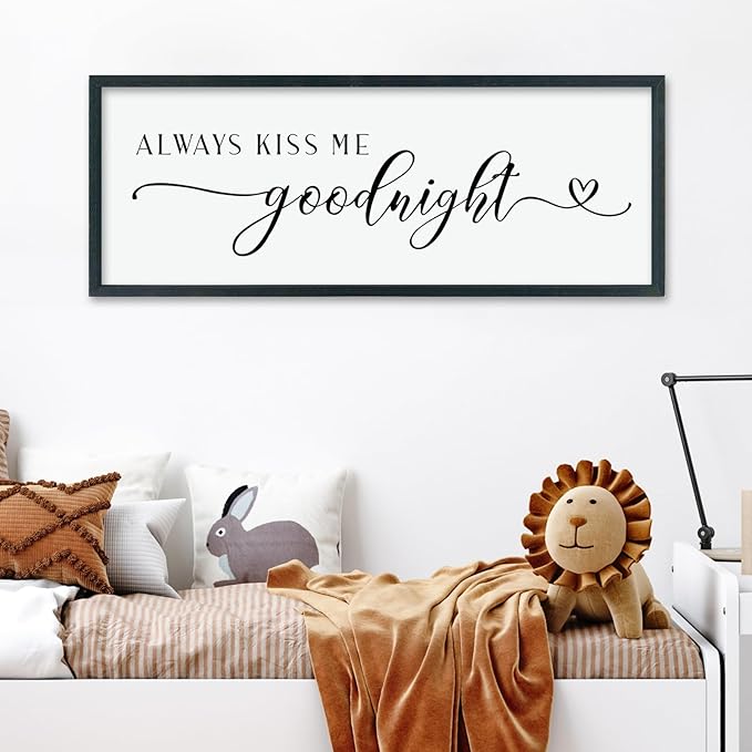comurdyo Always Kiss Me Goodnight Sign for Bedroom Above bed Wall Decor 40''×15'' Large Wood Frame For Couples Over Bed Hanging Wall Art (Black)