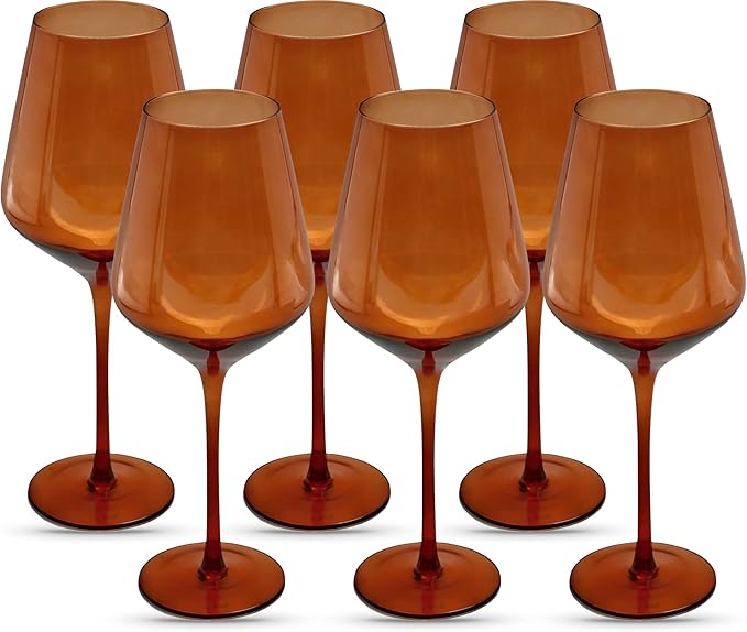 Saludi Original Dark Orange Leaf Wine Glasses, 16.5oz (Set of 6) Stemmed Single Color Rust Terracotta- Great for All Wine Types and Occasions or Gifts - Luxury, Durable, Hand-Blown