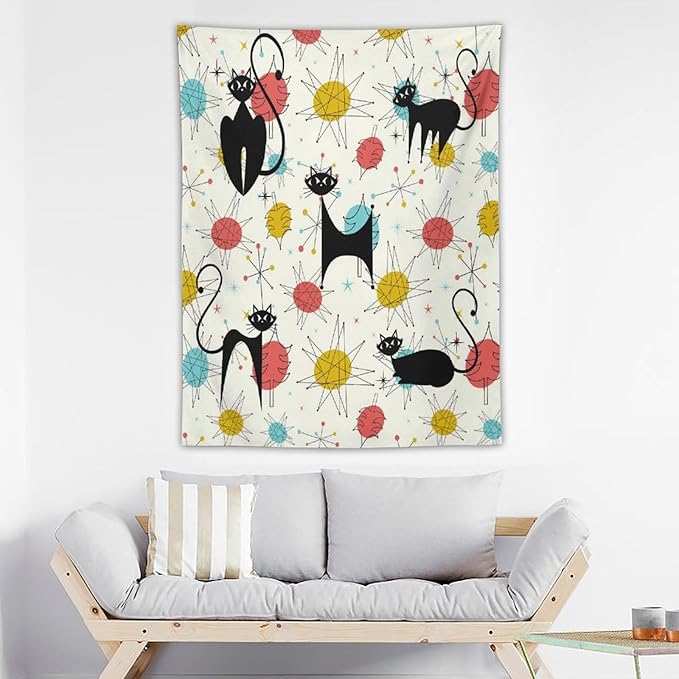ICMOLYYENLO Abstract Cat Tapestry, Medieval Abstract Atomic Star Cat Vintage Home Wall Hanging Art Tapestry for Bedroom Living Room Dormitory 60x80 Inch