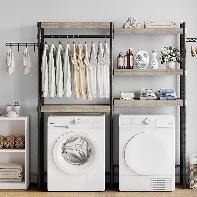 CABIHOME 5-Tier Over-The-Washer Shelf - Adjustable Height Laundry Organizer Space Saver, Double-Layer 100lb Shelves, 2 Hooks for Bathroom/Balcony (Grey & Black)