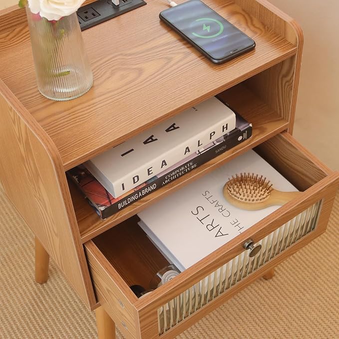 AWASEN Mid Century Nightstand with Charging Station, Modern Bedside Table with Glass Decorative Drawer, Small End Side Table with 2 Tiers Storage for Bedroom, Office and Small Space(Brown)