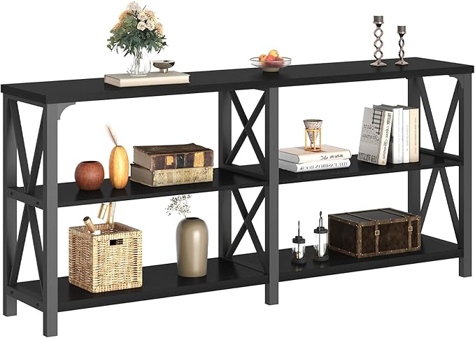 LVB Industrial Entryway Table, Farmhouse Rustic Console Tables Behind Couch, Long Metal Wooden Sofa Table with Storage Shelf, Modern Foyer Hallway Table for Living Room Bedroom, Black Oak, 63 in