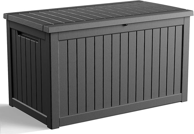 230 Gallon Outdoor Deck Box,Storage Lockable Waterproof Patio Furniture,Garden Tools,Cushions,Pool Accessories Outside Storage Resin Box(Black)