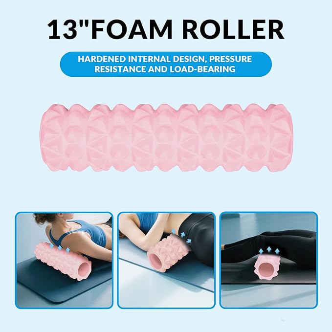 7 in 1 Foam Roller,Products Include Foam shafts,Muscle Roller Bars,Leg Massagers,Fascia Balls,Stretch Bands,8-Shaped Resistance Bands,are Used for Full-Body Relax,Yoga(White Pink Blue) (Pink)