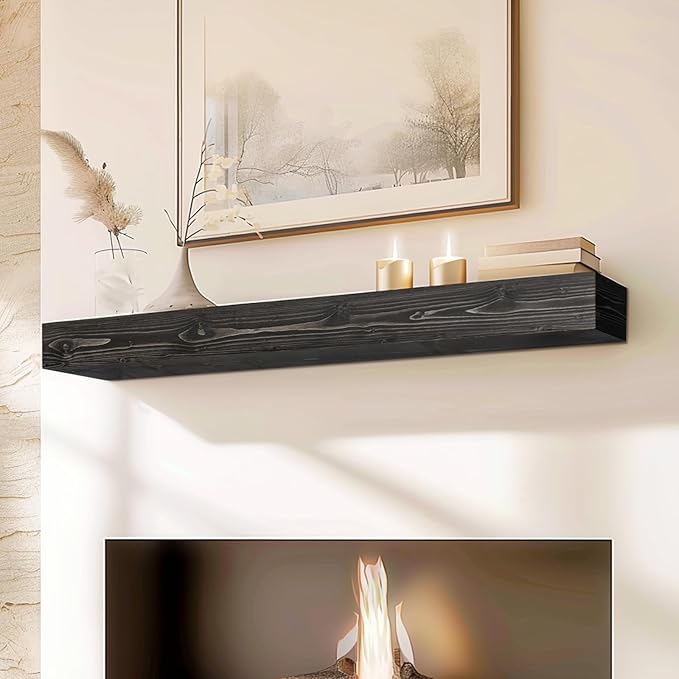 48x8x5 Fireplace Mantel - Handcrafted Hollow Rustic Solid Wood Wall Mounted Floating Shelf with Invisible Heavy Duty Wood Bracket (Weathered Black)