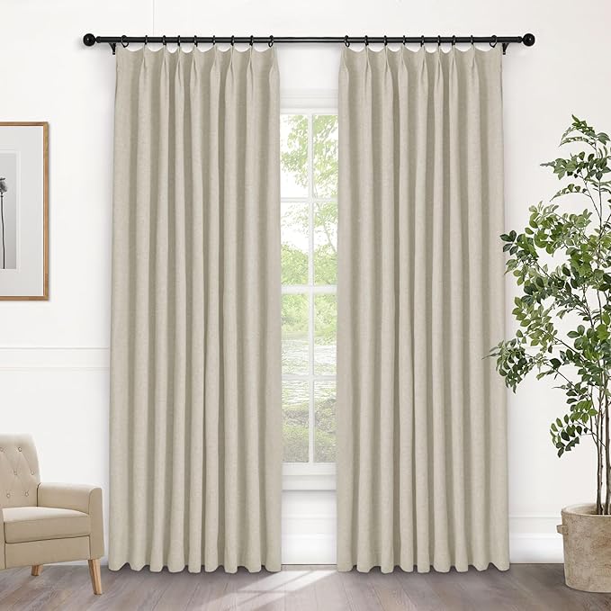 Macochico 52”Wx96”L 100% Blackout Curtains for Bedroom Living Room Nursery Ivory White Pinch Pleated Linen Curtains Farmhouse Burlap Drapes Thermal Window Panels with Hooks and Tieback 1 Panel