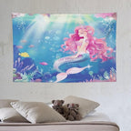 HZOHNAGO Mermaid Girls Tapestry Watercolor Mermaid Princess Pink Hair Pattern for Kids Room Decoration Printed Wall Tapestry Wall Hanging for Bedroom Living Room Dorm 60" W x 40" H