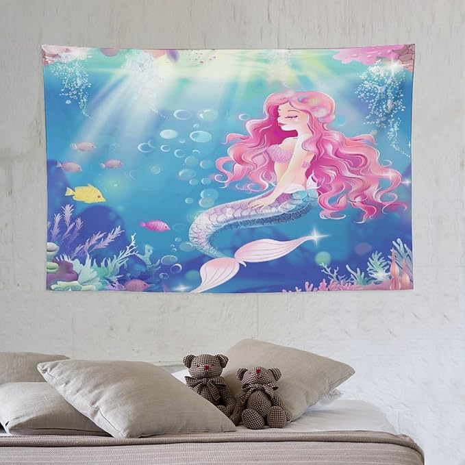 HZOHNAGO Mermaid Girls Tapestry Watercolor Mermaid Princess Pink Hair Pattern for Kids Room Decoration Printed Wall Tapestry Wall Hanging for Bedroom Living Room Dorm 60" W x 40" H
