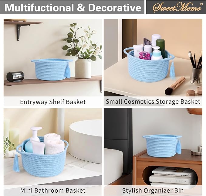 Empty Gift Basket Mini Woven Rope Organizer Baskets for Baby Shower, Vanity, Makeup Brushes, Bathroom, Shelves, Desk - Small Decorative Storage Bins - Set of 2, Pre-Shaped, Soft Blue