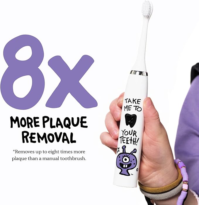 Kids Electric Toothbrush - Rechargeable Vibrating Toothbrush with Timer Includes 6 Replacement Heads, Gently Cleans Teeth, Girls & Boys, Kids & Toddlers Age 2+, Alien
