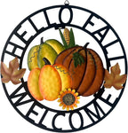 Metal Hanging Pumpkin Hello Fall Welcome Wreath Autumn Fall Harvest Decor for Front Door, Rustic Farmhouse Seasonal Thanksgiving Halloween Decoration-13''H