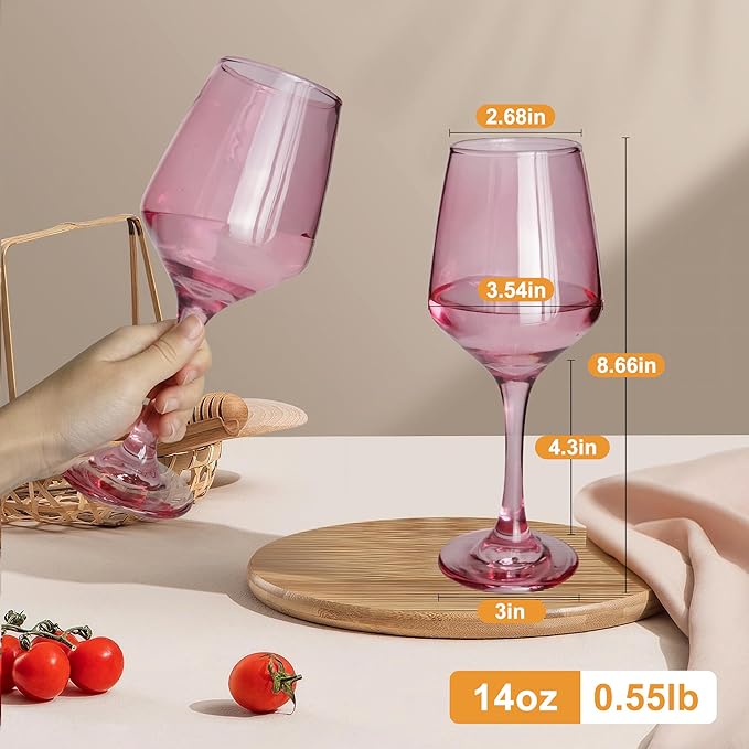 Pink Wine Glasses Set of 6-14oz Pink Long Stem Wine Glass, Pretty Crystal Glassware, Hand Blown Goblets Drinkware, Unique Stemware Wine Glass Holiday Gift Set for Women