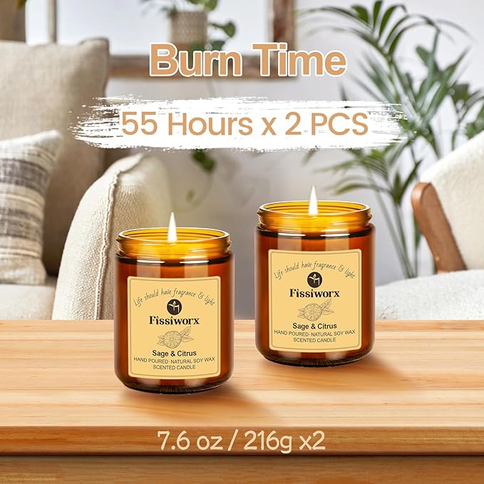 Sage & Citrus Scented Candle Set 2 Pack – Natural Soy Wax Hand-Poured – 60 Hour Long Lasting Burn – Relax and Relieve Stress – Premium Aromatherapy Candle for Home Decor, Gifts