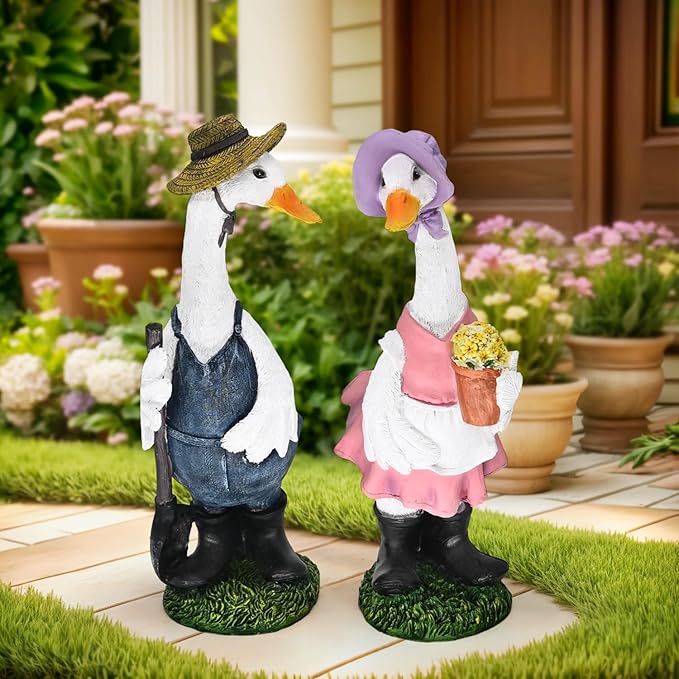Porch Goose Statue Outfits Large Garden Sculpture Cement Home Outdoor Decorations Lawn Resin Big Duck Figurine Outside Yard Concrete Geese Decor Farmhouse Duckling Couple Dress Up