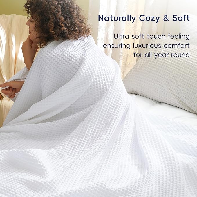 PHF Ultra Soft Waffle Weave Blanket Twin Size 66"x 90"- Washed Lightweight Breathable Cozy Woven Blanket for Bed - Aesthetic Decor for Couch Bedding Sofa Home Car - White