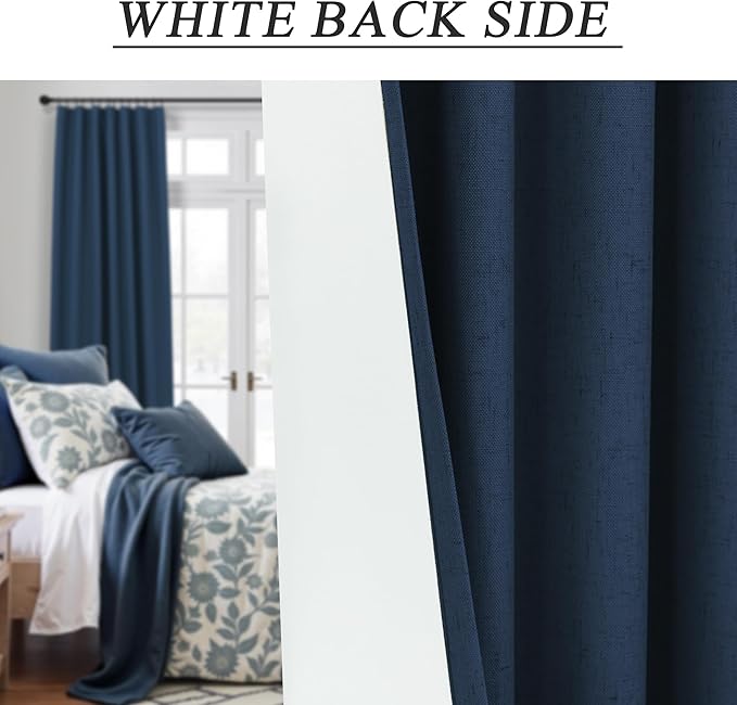 Navy Blue Curtains 90 Inches Long for Living Room Blackout 52 Inch Wide Curtains for Bedroom Window Floor Length Soft Fabric Polyester Linen Blend Noise Reduction Soundproof Nautical Curtain Dark Blue
