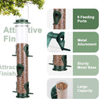 MIXXIDEA 1PK Metal Bird Feeders with 6 Feeding Ports,Tube Bird Feeder with Steel Hanger,Hard Plastic Wild Bird Feeder for Outdoors Hanging, Attracting Birds in Your Lawn, Garden, Balcony–Green