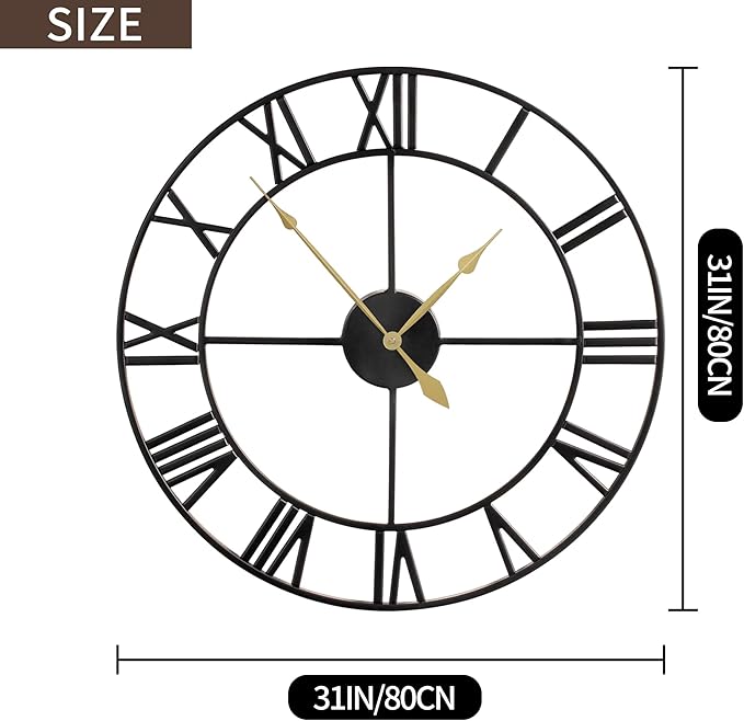 LEIKE 80CM Extra Large Wall Clock - 31" Oversize Modern Black Metal Roman Numeral Nearly Silent Little Ticking Battery Operated Wall Clocks for Living Room, Kitchen,Bedroom Farmhouse Home Decor