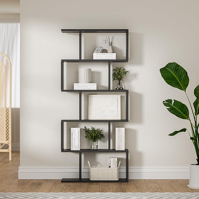 Black 5-Tier Geometric Bookcase, S-Shaped Modern Bookshelf Set of 2, 62.6" Tall Room Divider Book Shelf, Decorative Display Shelf
