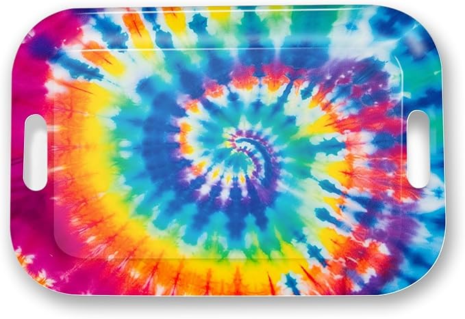 Serving Trays with Handles, 14.5 x 9.8 inch Rectangular Plastic Tray for Restaurant, Kitchen, Tie-Dye Colorful Spiral Patterns