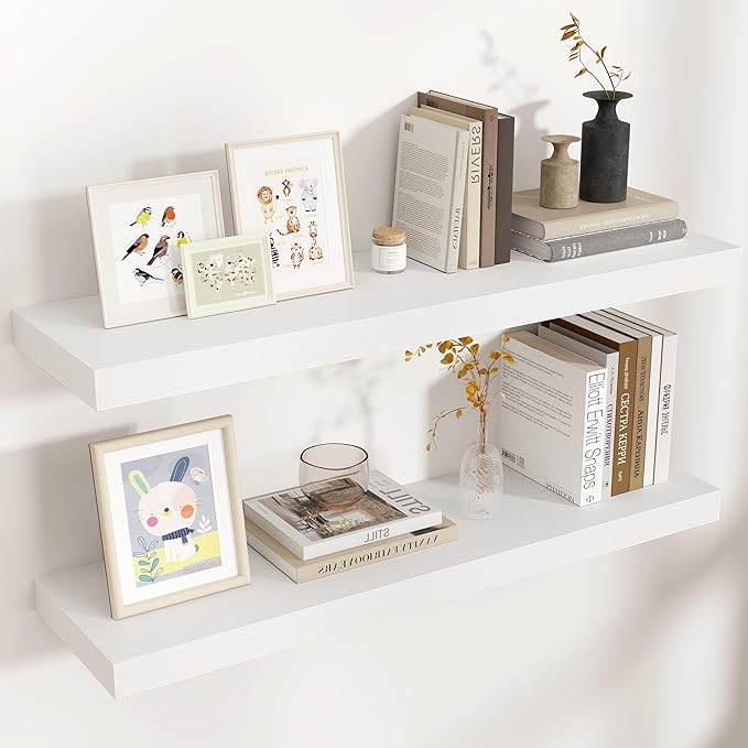 Floating Shelves for Wall, 2 Large Wall Mounted Shelves with Invisible Brackets, Long Wood Floating Wall Shelf Shelves for Living Room, Bedroom, Kitchen, (White, 36" W x 9" D x 1.5" H)
