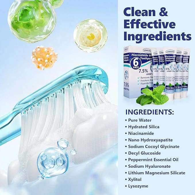 7.5% Nano Hydroxyapatite Toothpaste,6 Pack Fresh Breath Toothpaste for Remineralizing Enamel & Sensitive Relief,Whitening,Antiplaque,Natural Peppermint,Fluoride-Free