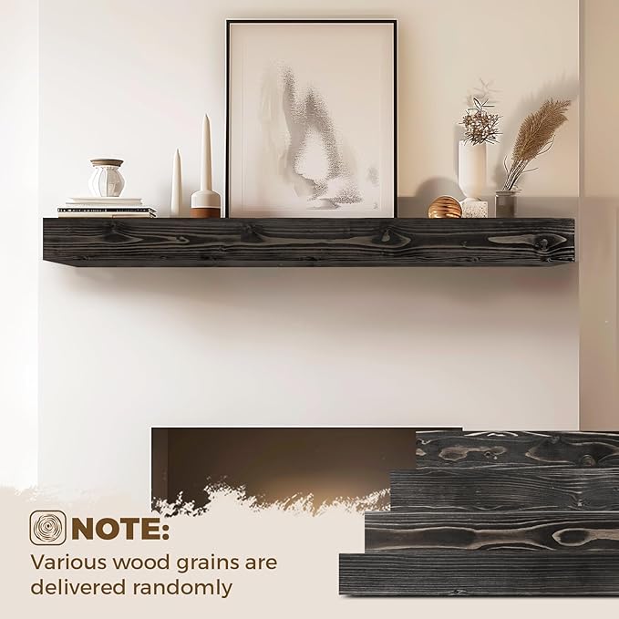 56x8x5 Fireplace Mantel - Handcrafted Hollow Rustic Solid Wood Wall Mounted Floating Shelf with Invisible Heavy Duty Wood Bracket (Weathered Black)