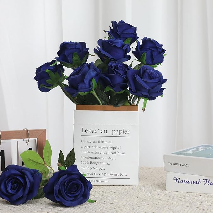 Blue Fake Roses Artificial Flowers - 10 Pcs Fake Artificial Roses Silk Flowers with Stems for Home Wedding Hotel Office Centerpiece Decor（Navy Blue）