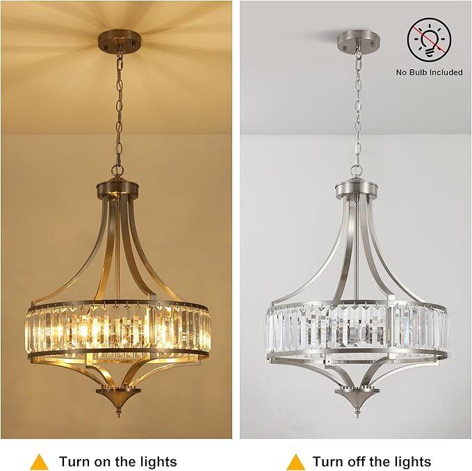 20" Brushed Nickel Chandeliers for Dining Room, 5-Light Modern Crystal Chandelier for Entryway, Hanging Round Light Fixture for Kitchen Island Living Room Bedroom Office Bathroom Staircase