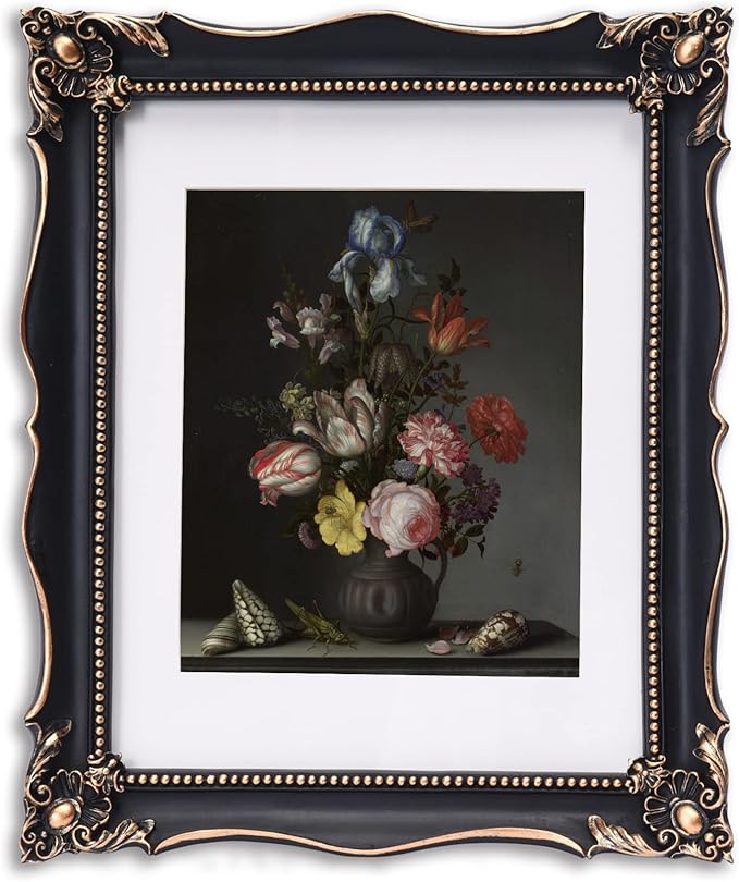 11x14 Vintage Picture Frame with Embossed Flower Design, Black Ornate Frame for 11x14 or 8x10 Pictures with White Mat, Home Decor (Black, 8x10)