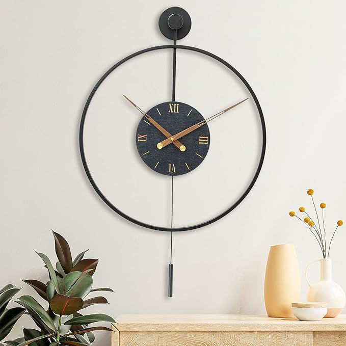 Large Modern Wall Clock,Wall Clocks for Living Room Decor,Classical Metal Minimalist Roman Numeral Dial,Big Decorative Farmhouse Pendulum Wall Clock With Walnut Pointers for Office,Dining Room